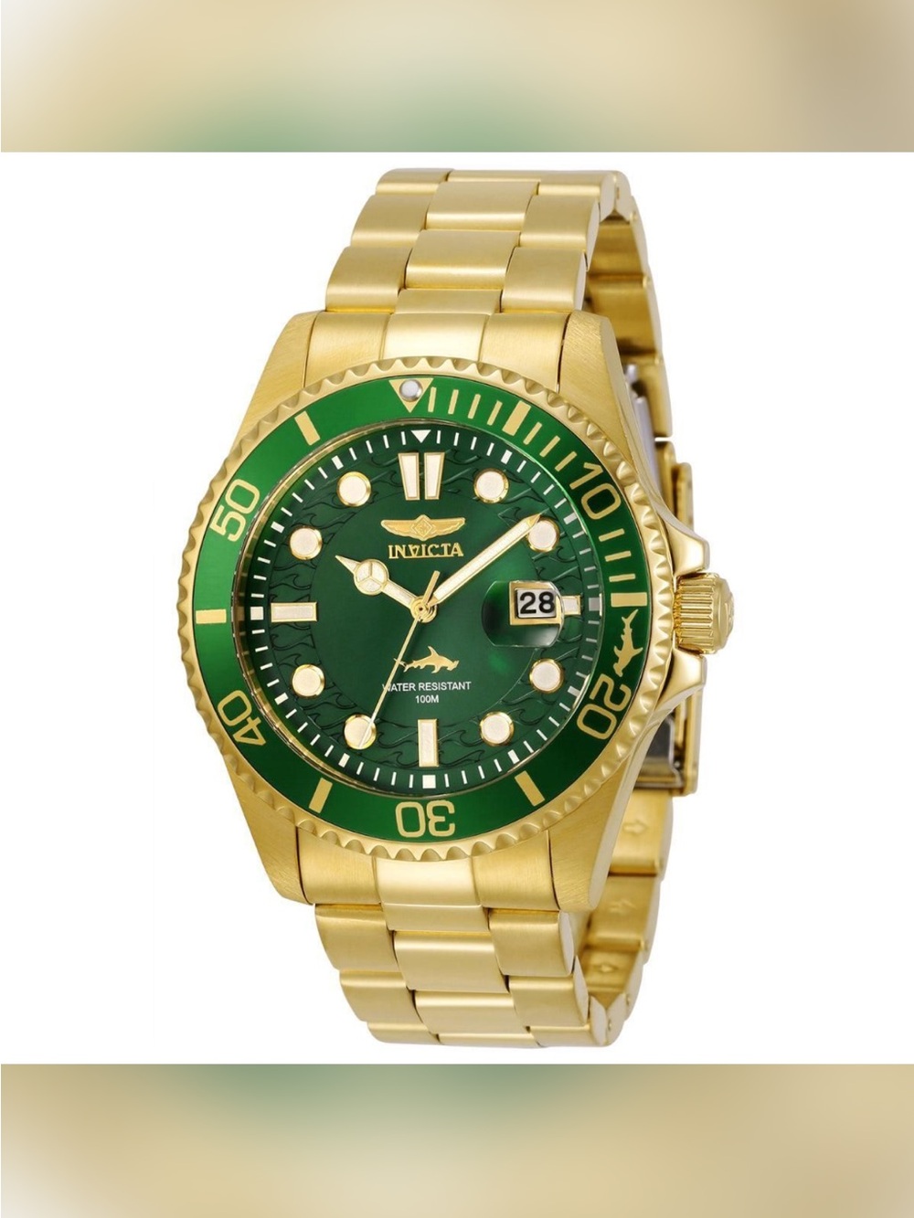 Invicta Gold Tone Watch with Green Dial and Bezel (NWT in box)